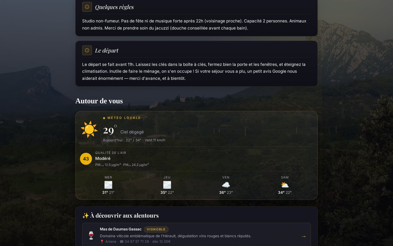 Livret voyageur : règles de la maison, météo locale et adresses alentour